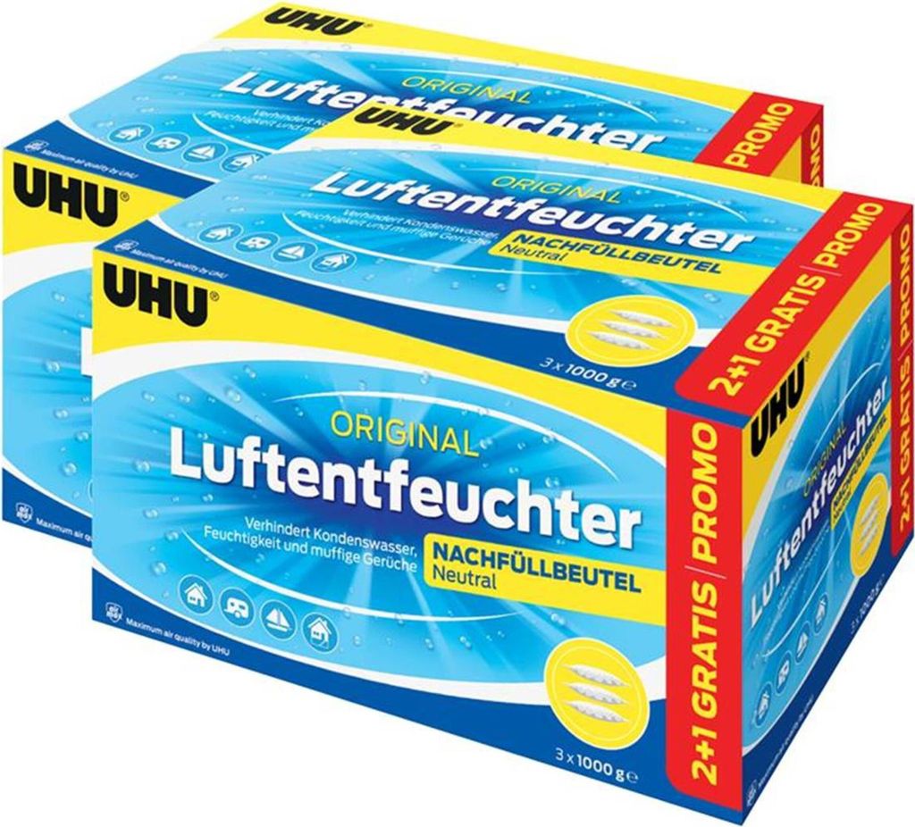 Two boxes of UHU Luftentfeuchter (air dehumidifier) refill bags are shown, with promotional text on the side.
