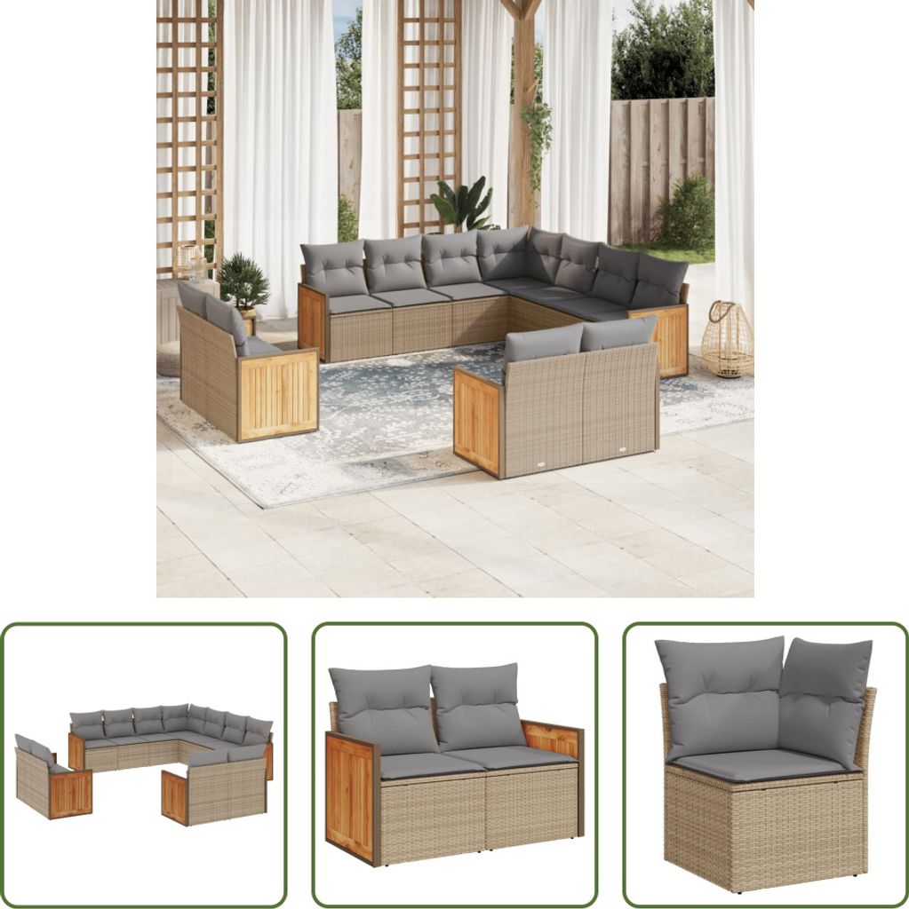The Living Store 11-tlg. Garten-Sofagarnitur mit Kissen Beige Poly Rattan