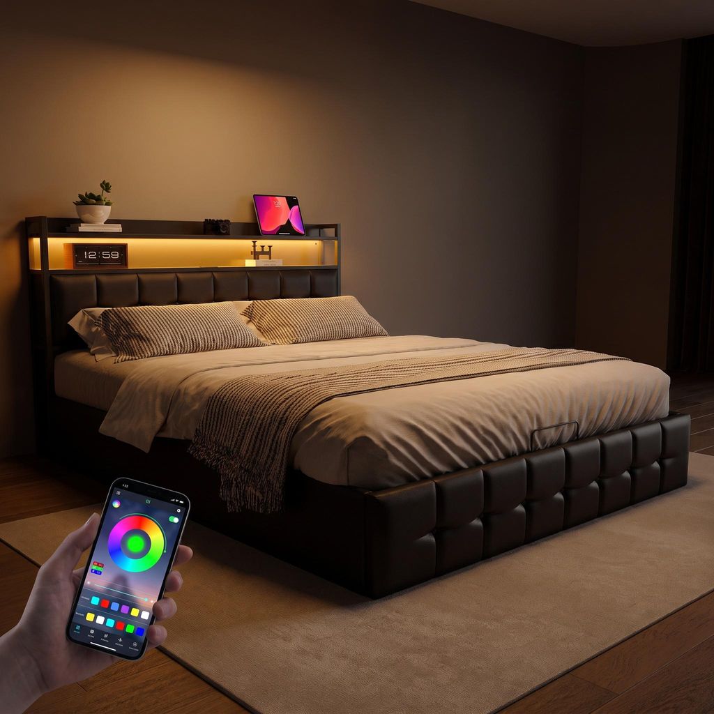 Cama con somier INONEFT de 140x190 cm con LED y USB, cama Imagen del producto 