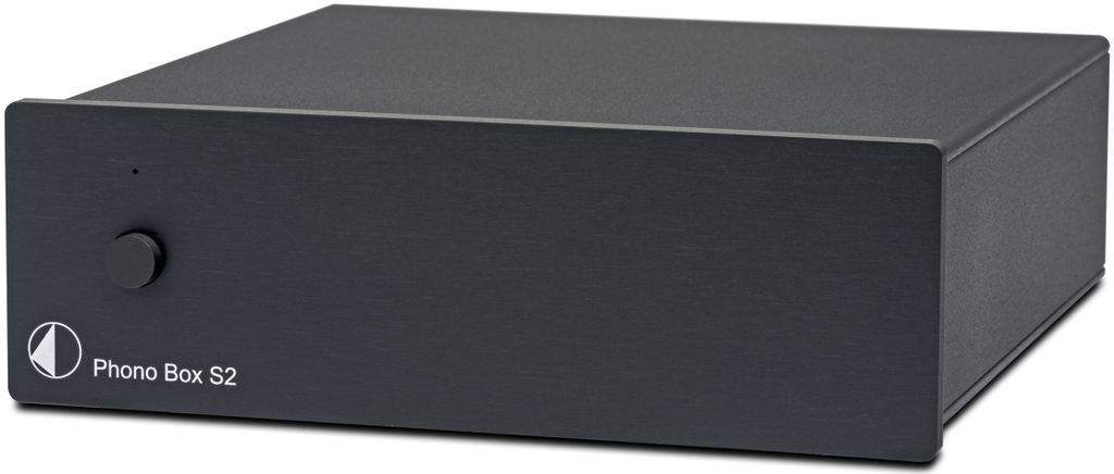 A black phono preamplifier is shown from a front-diagonal angle against a white background.