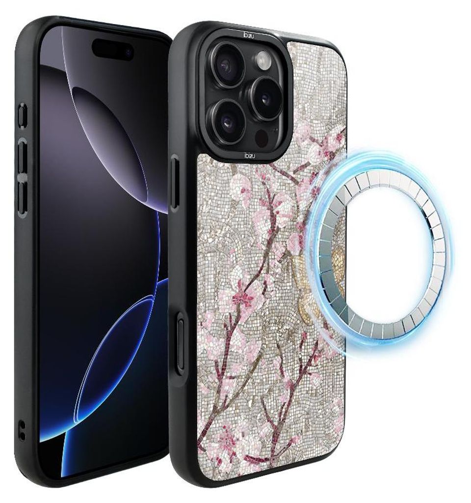 Schutzhülle für das iPhone 16 Pro Max, MagSafe-kompatibel, mattschwarze Seiten, Mosaik, blühender Kirschbaum