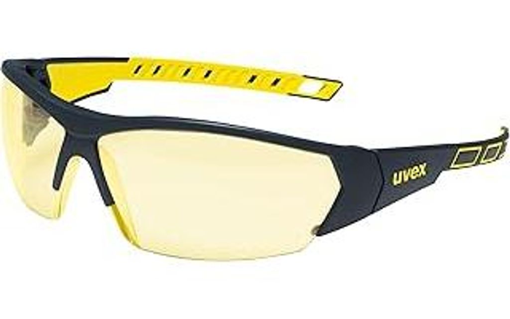 Uvex i-works Schutzbrille, Arbeitsschutzbrille mit supravision excellence Technologie, kratzfest & beschlagfrei, UV400-Schutz, Schwarz-Gelb/Amber