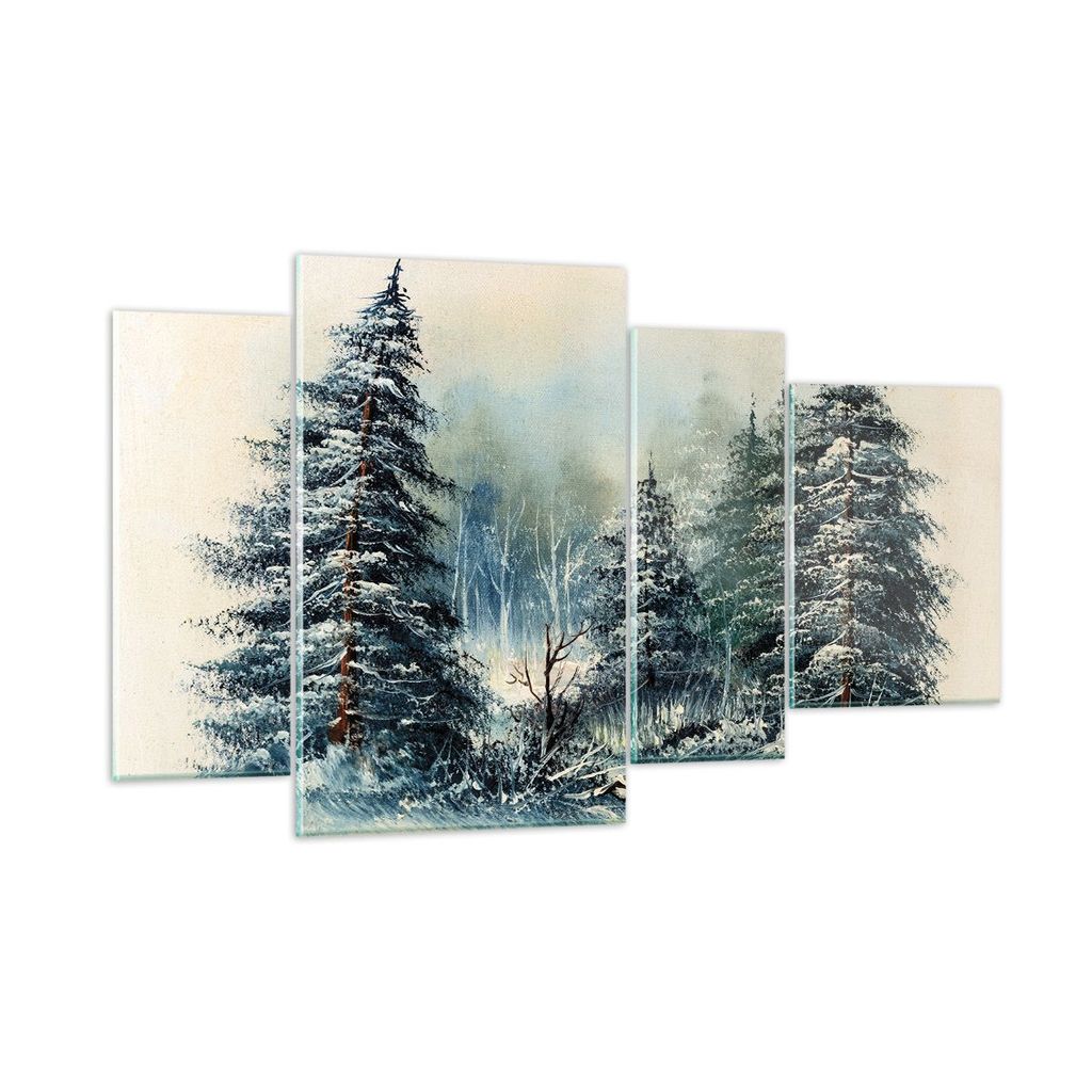 Bilder auf glas - 4 Teile - Schnee Fichten Wald - 120x70cm - Glasbilder - Wandbilder - Bilder - zum Aufhängen bereit - Wanddekoration aus Glas - G...