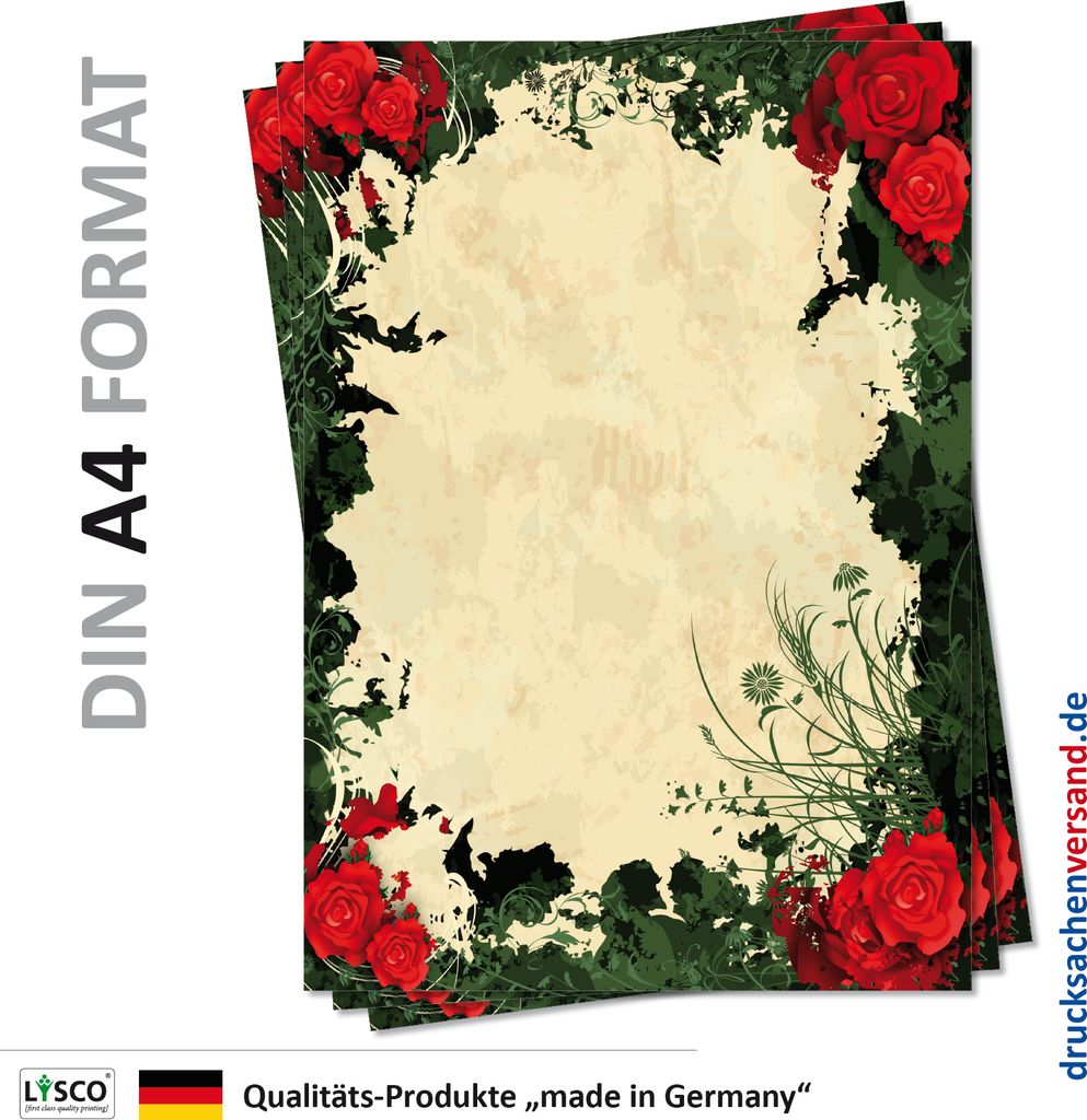 Motiv Briefpapier (Rosen-5108, DIN A4, 100 Blatt) rote Rosen Kletterrosen grüne Blätter Muster Motivpapier Floristik