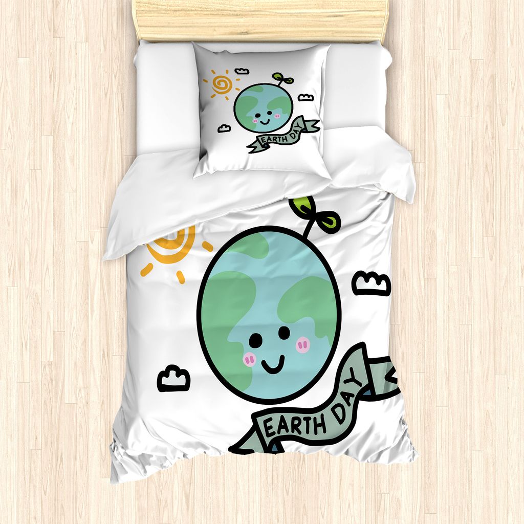 ABAKUHAUS Tag der Erde Bettbezug Set für Einzelbetten, Childish Globe Doodle, Milbensicher Allergiker geeignet mit Kissenbezug, 135 cm x 200 cm - ...