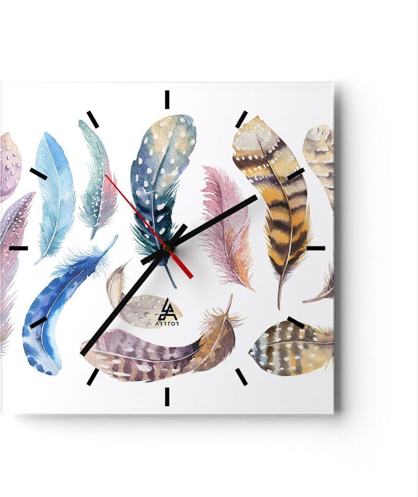 Wanduhr - Quadrat - Glasuhr - Federn Vögel Tiere Produktbild 