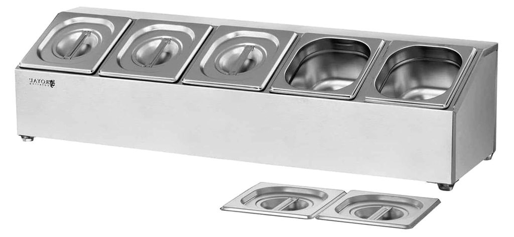 GN-Aufsatzbord für Gastronorm-Behälter Gestell (Edelstahl, spülmaschinenfest, inklusive 5 GN 1/6 Behälter mit 5 passenden Deckeln)