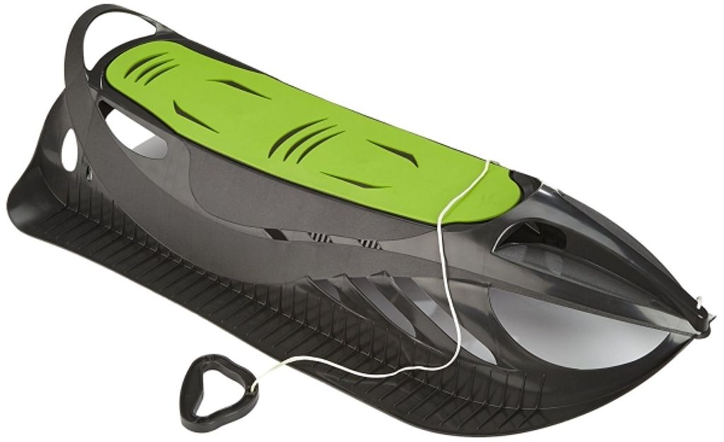 A black and green sled with a white rope and handle, isolated on a white background.