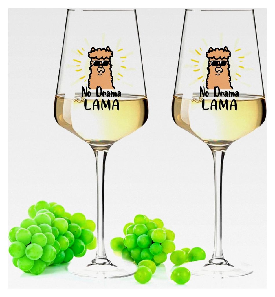 Weingläser mit UV-Druck - No Drama Lama im Set - Lustige Geschenke mit Lama Alpaka Motiv für Sie und Ihn - Geschenk für Freunde und Familie - Fa...