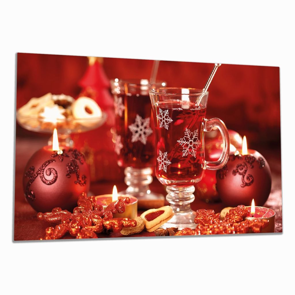 Wallario Herdabdeckplatte aus Glas, Größe 90 x 52 cm 1-teilig, Motiv Heißer Winterpunsch mit Kerzen