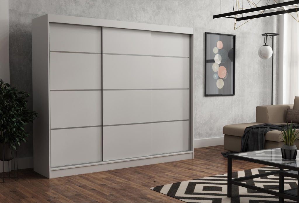 Kleiderschrank ROB WHITE 250x60x215 cm – Schiebetüren, Kleiderstange & Regalböden – Moderner Schrank für Schlafzimmer oder Ankleidezimmer,