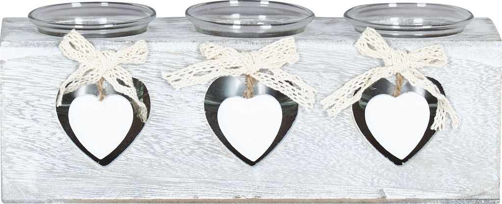 Teelichthalter 24x8x7cm 3 Kerzen Holz Shabby Chic Vintage Herz Deko Glas