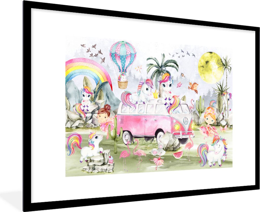 MuchoWow Gerahmtes Poster Einhorn - Regenbogen - Kinder - Mädchen - Auto 90x60 cm - Poster mit Schwarzem Bilderrahmen Wandposter Rahmen Foto Bil...