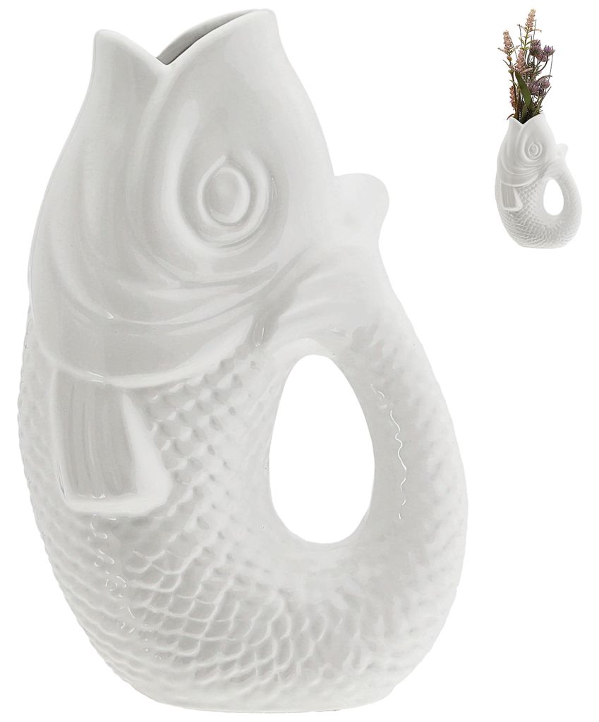 Vase Fisch 'Blubb' 13,5x21,5x9cm Dolomit weiß Blumenvase Dekovase Tischvase Fischform Fischmaul Henkel