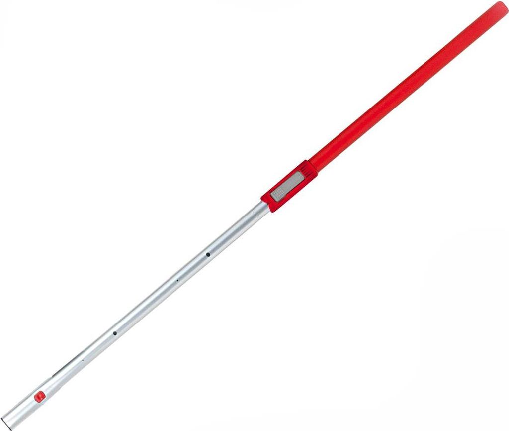 A telescopic pole with a red handle and a silver shaft, isolated on a white background.