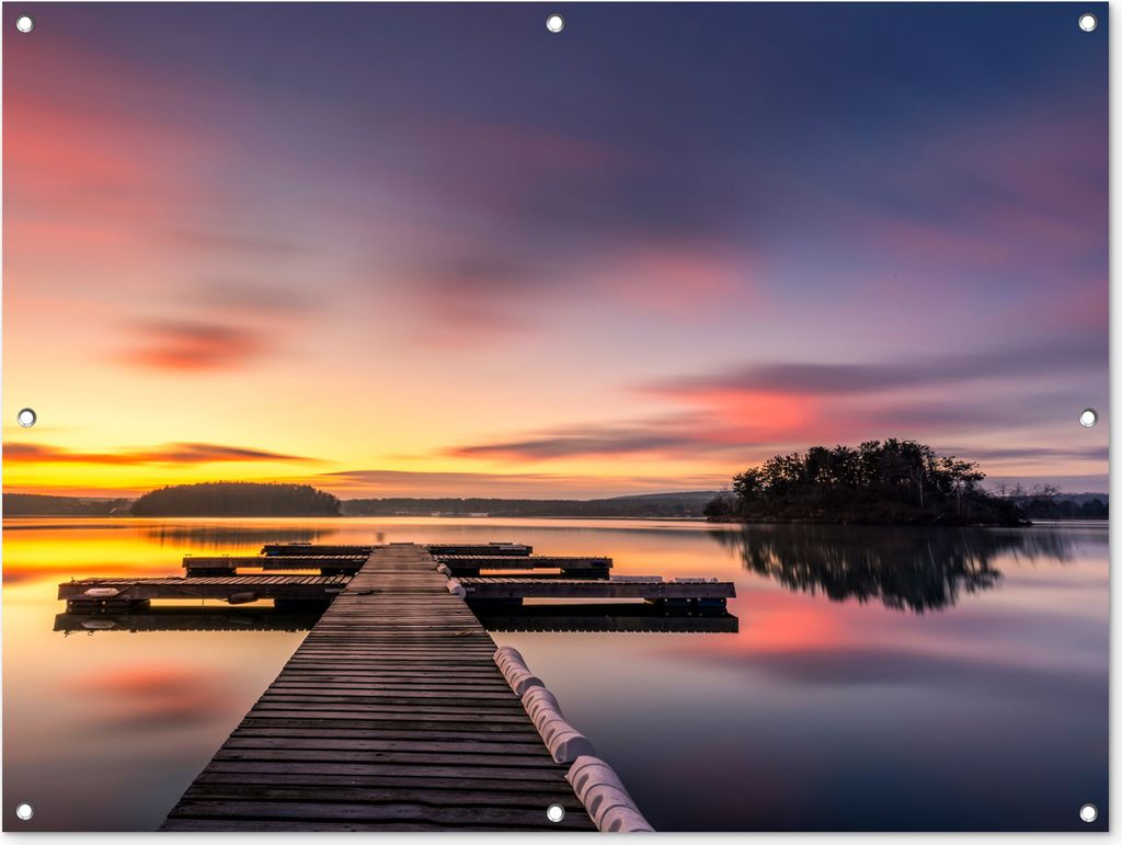 MuchoWow 120x90 cm Outdoor-Poster Gartendeko Sichtschutz Garten Poster für den Garten Steg - Sonnenuntergang - Wasser - Meer - Spiegelung