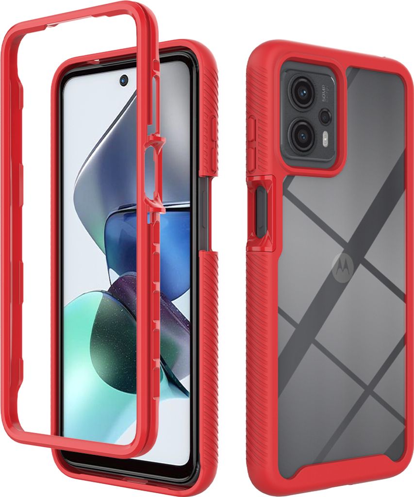 Moto G13 / G23 Hülle, Hybrid Transparente Rückseite TPU Bumper Stoßfest Schutzhülle für Motorola Moto G13 / G23 Rot