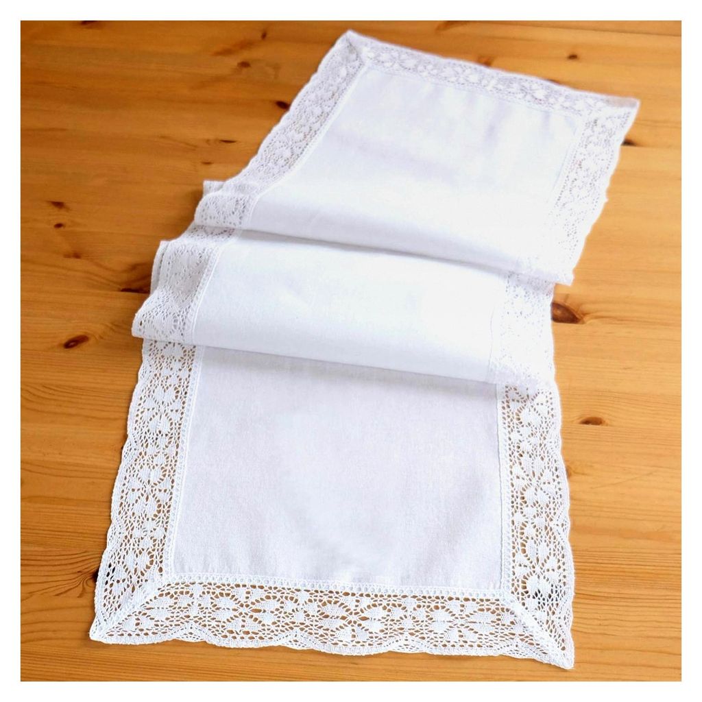 Tischläufer Weiß Landhaus mit Häkelspitze 40x140 cm