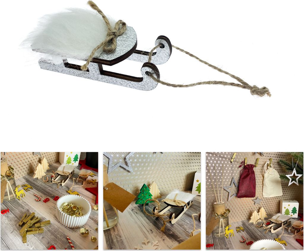 Oblique Unique Deko Schlitten aus Echtholz als Tischdeko Dekoration für Weihnachten Kinder zum Basteln - silber