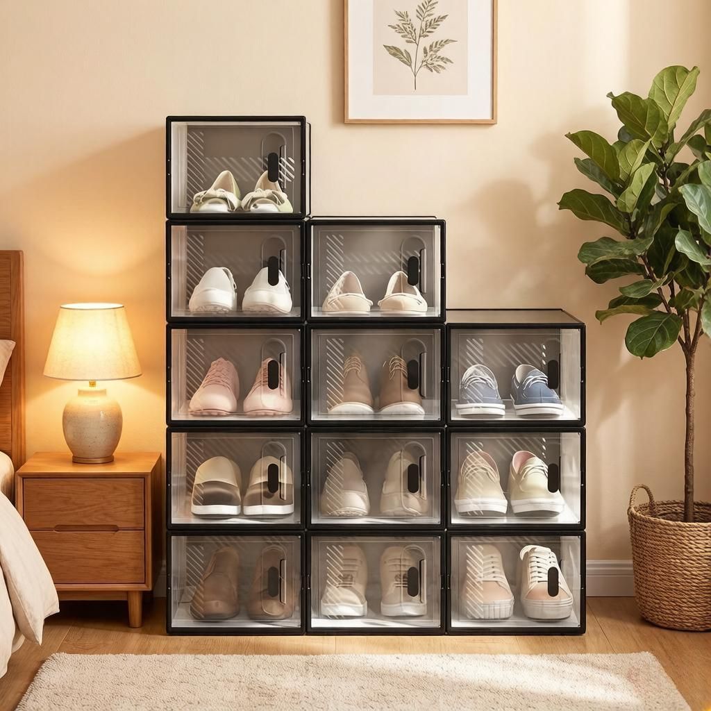 12Pcs Stapelbare Schuhboxen Set Transparente Schuhaufbewahrungsbox aus Hartkunststoff Modulares DIY Regalsystem 20kg Belastbar W25xH18,5xD35,5cm