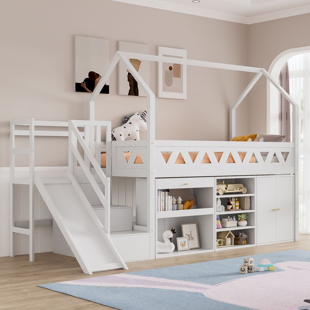 STILVORA Hochbett 90x200cm Jugendbett in Hausform,Kinderbett mit Rutsche und Treppen,Stauraumbett mit Schubladen und Schließfach,Weiß(ohne Matrat...