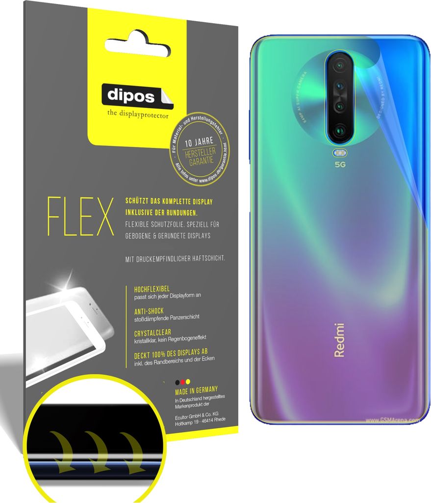 3x Schutzfolie für Xiaomi Poco F2 Pro Rückseite Folie, 100% Displayabdeckung, dipos Flex