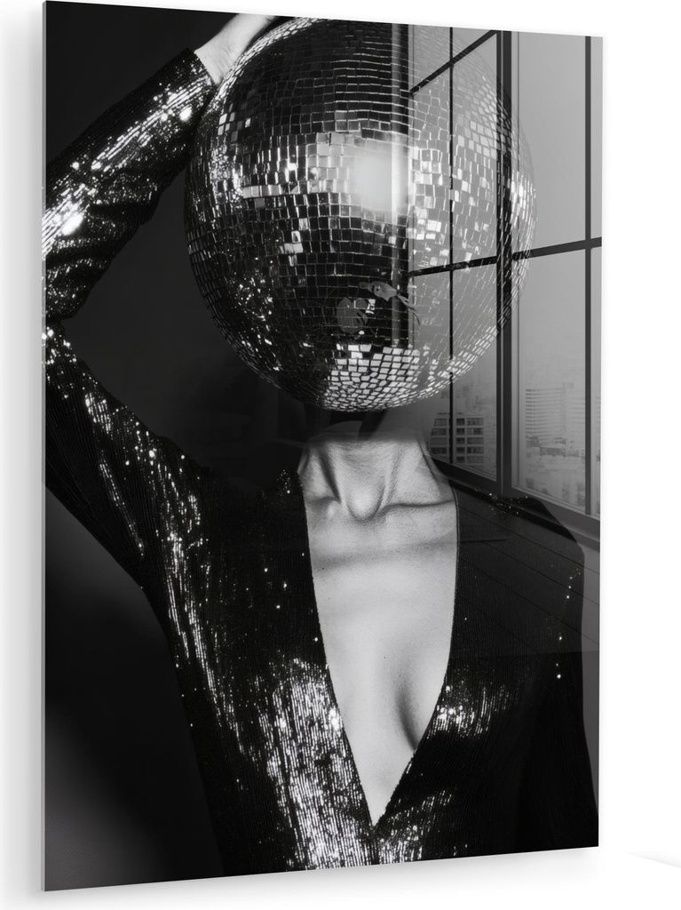 MuchoWow Glasbilder - Bilder auf Wandbild - Foto auf Glas Discokugel - Gesicht - Glamour - Schwarz 30x40 cm Wanddekoration aus Glas - Acrylglasbild...