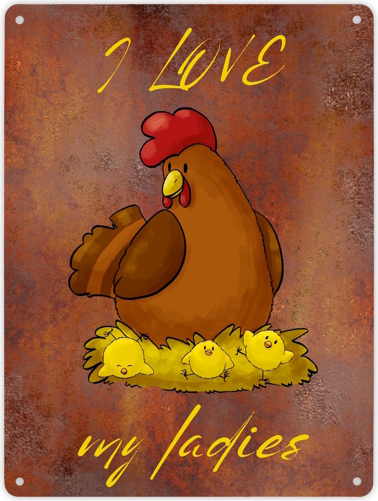 I love my ladies Huhn Metallschild XL in 21x28 cm mit Spruch
