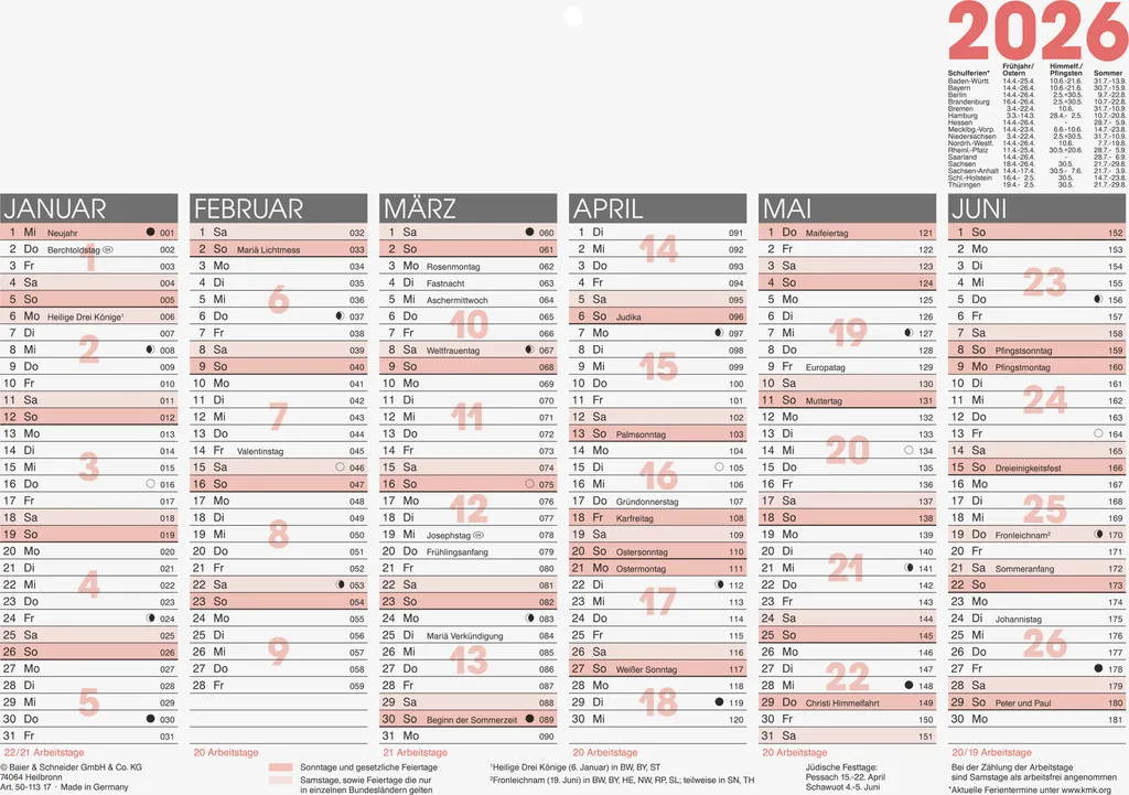 Calendrier de table 2026 à cloches DIN A4 Horizontal Format Paysage