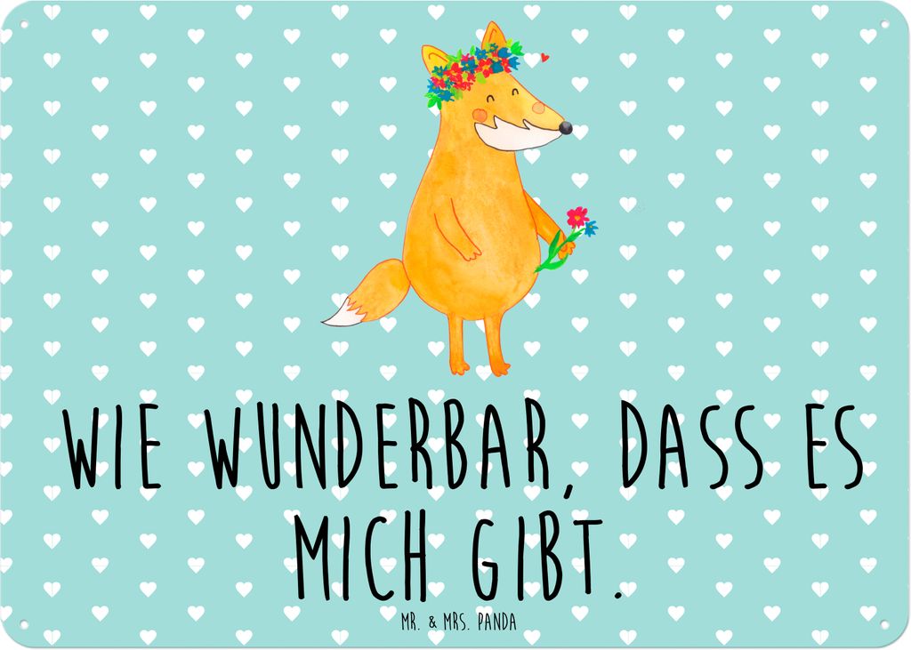 Mr. & Mrs. Panda tafel Fuchs Blumen DIN A6 - Türkis Pastell - Geschenk, Boho, Schild, Blume, Wandbild, Retro Blechschild, Ich, Blumenliebe, Magnet...