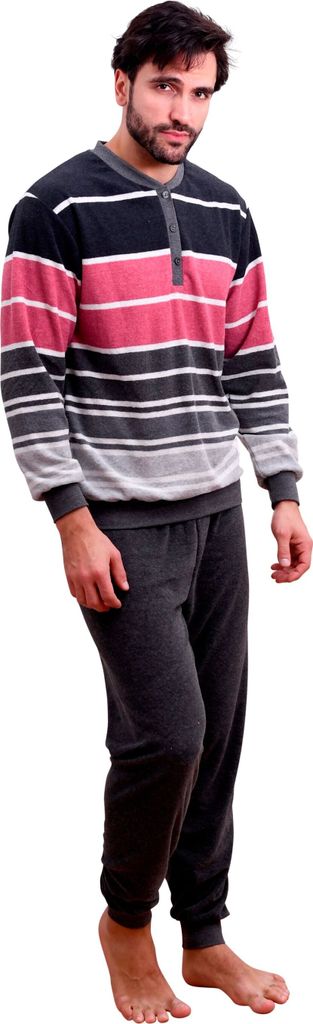 Herren Frottee Pyjama mit Knopfleiste, warmer Schlafanzug mit toller Blockstreifen-Optik ; grau , 58