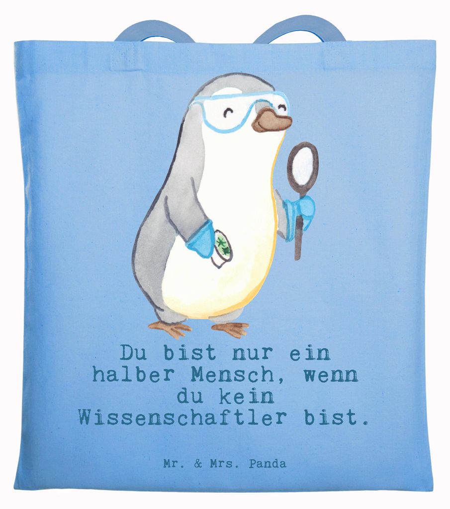 Mr. & Mrs. Panda Tote Bag Wissenschaftler Herz - Sky Blue - Geschenk, Spruch, Universität, Uni Tasche, Laptoptasche, Beutel, Schultasche, Akademiker