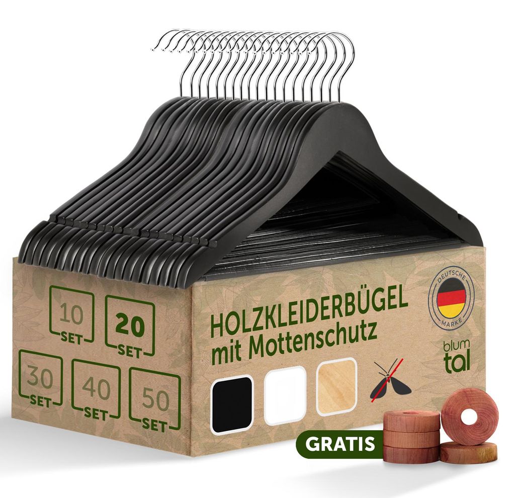 Blumtal Kleiderbügel Holz 20er Set - Holzbügel mit 360° drehbarem Metallhaken - Kleiderbügel Schwarz mit Zedernholz Mottenschutz