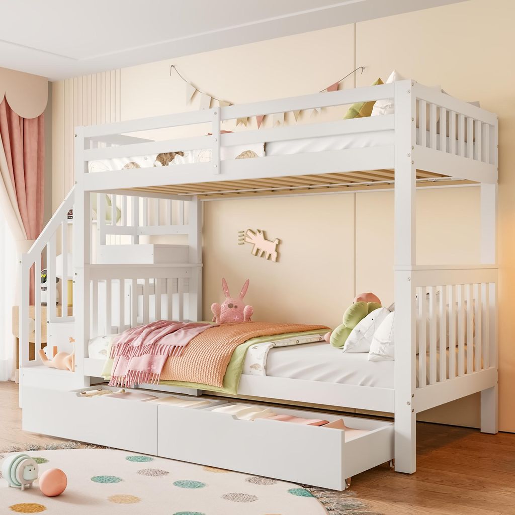 STILVORA Etagenbett Kinderbett 90x200 Stockbett Jugendbett mit 2 Schublade,mit Rausfallschutz,Weiß(Ohne Matratze)