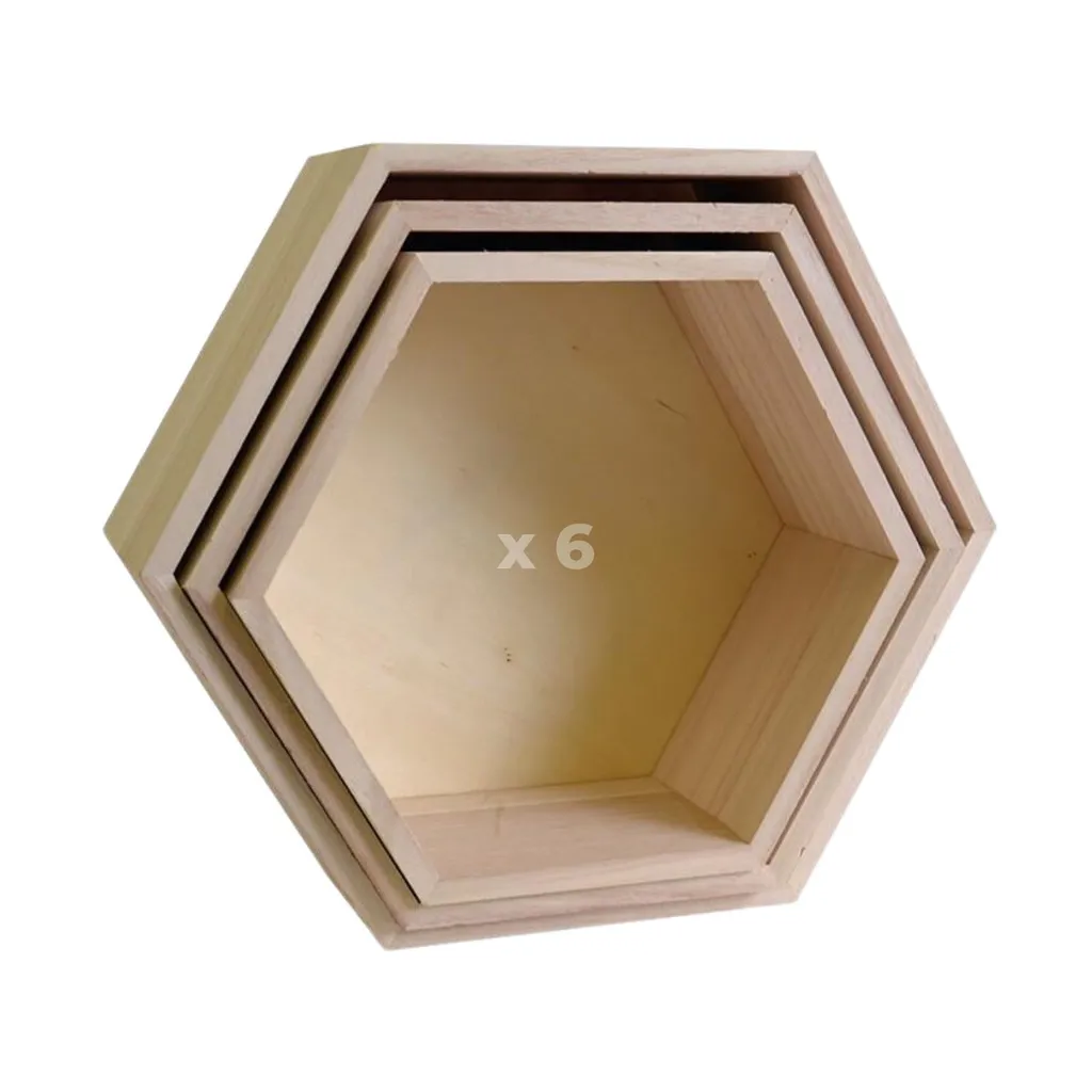 Lot de 6 étagères hexagonales en bois naturel - Modules de 24 à 30 cm