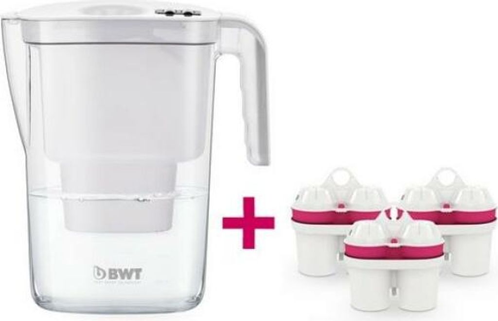 A white water filter pitcher with clear water and three replacement filters.