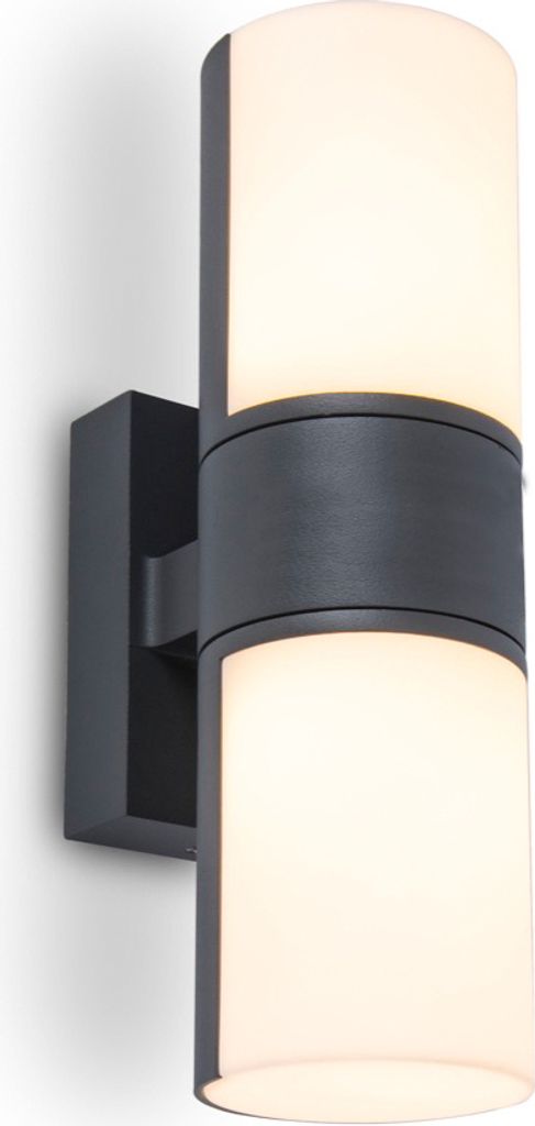 A modern, cylindrical wall light with two illuminated sections.