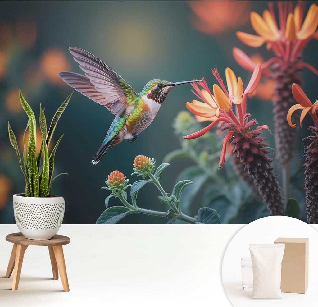 Fototapete - 208x146 cm - Tapete - Wandtapete - Wandbilder - Dekofolie - Tapete Folie - Wand - Dekoration - Wohnzimmer - Kolibri-Blumen