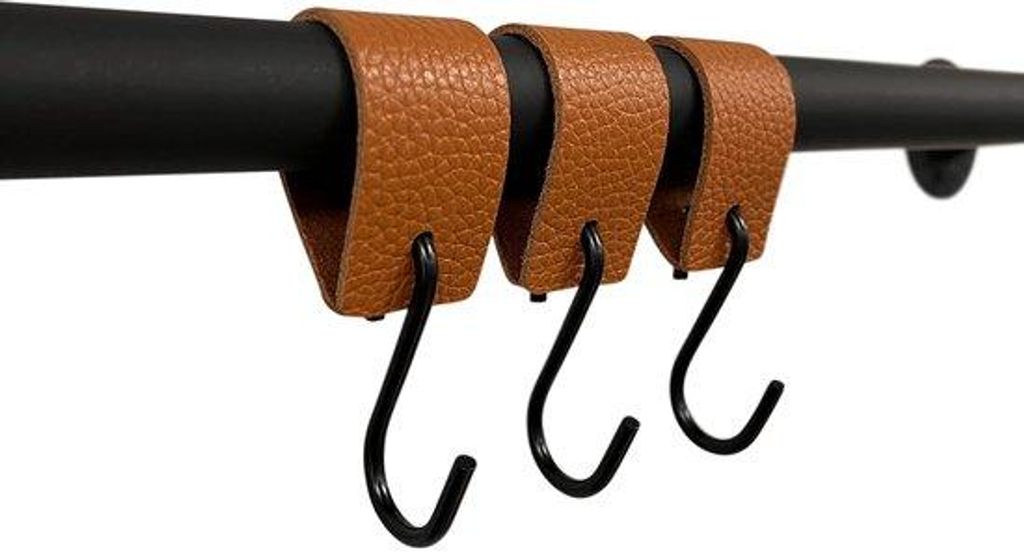 Kapstok mit Lederknopf - Cognac - 3 Stücke - S-Haken - 12,5 cm x 3 cm - Kleiderstange - Leder - Riemenhaak - multifunktioneller Haken