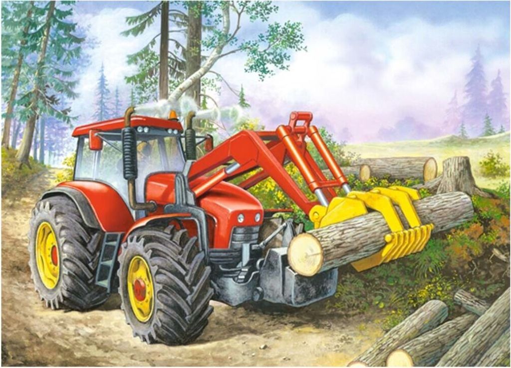 A red tractor with a log grabber is shown in a forest setting, lifting a log.