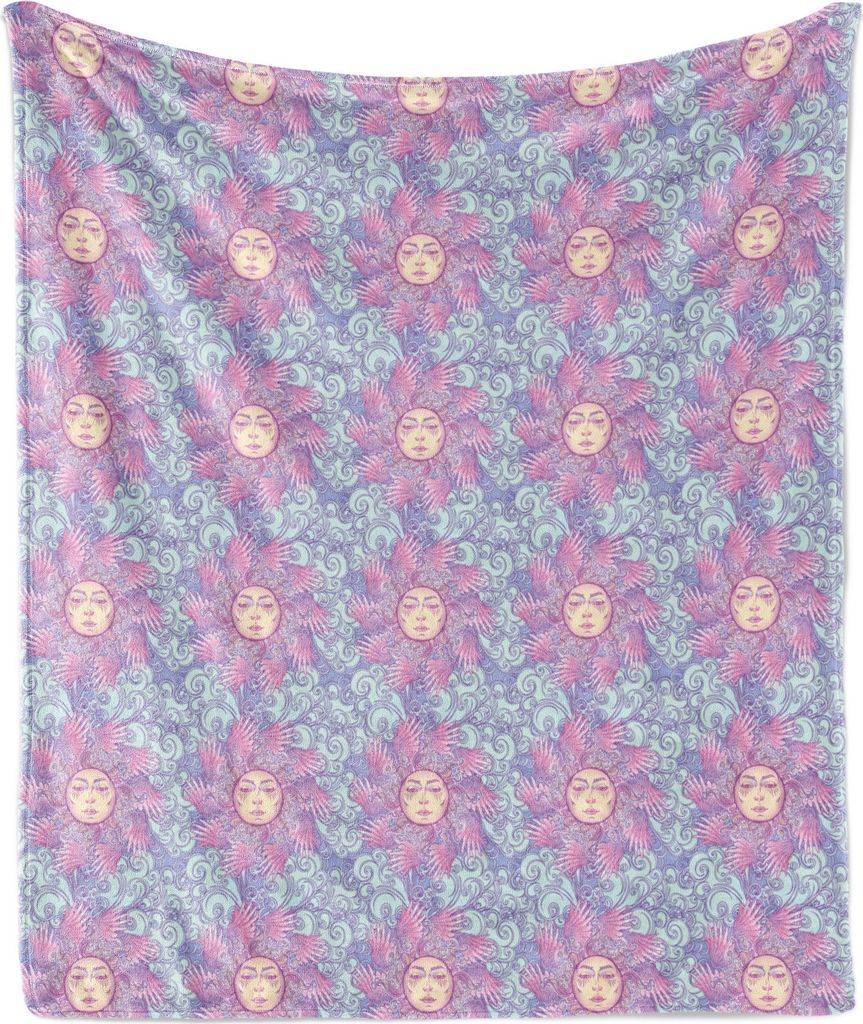 ABAKUHAUS Boho Weich Flanell Fleece Decke, Märchen Sonne mit menschlichen Gesichtern, Gemütlicher Plüsch für den Innen- und Außenbereich, 125 ...