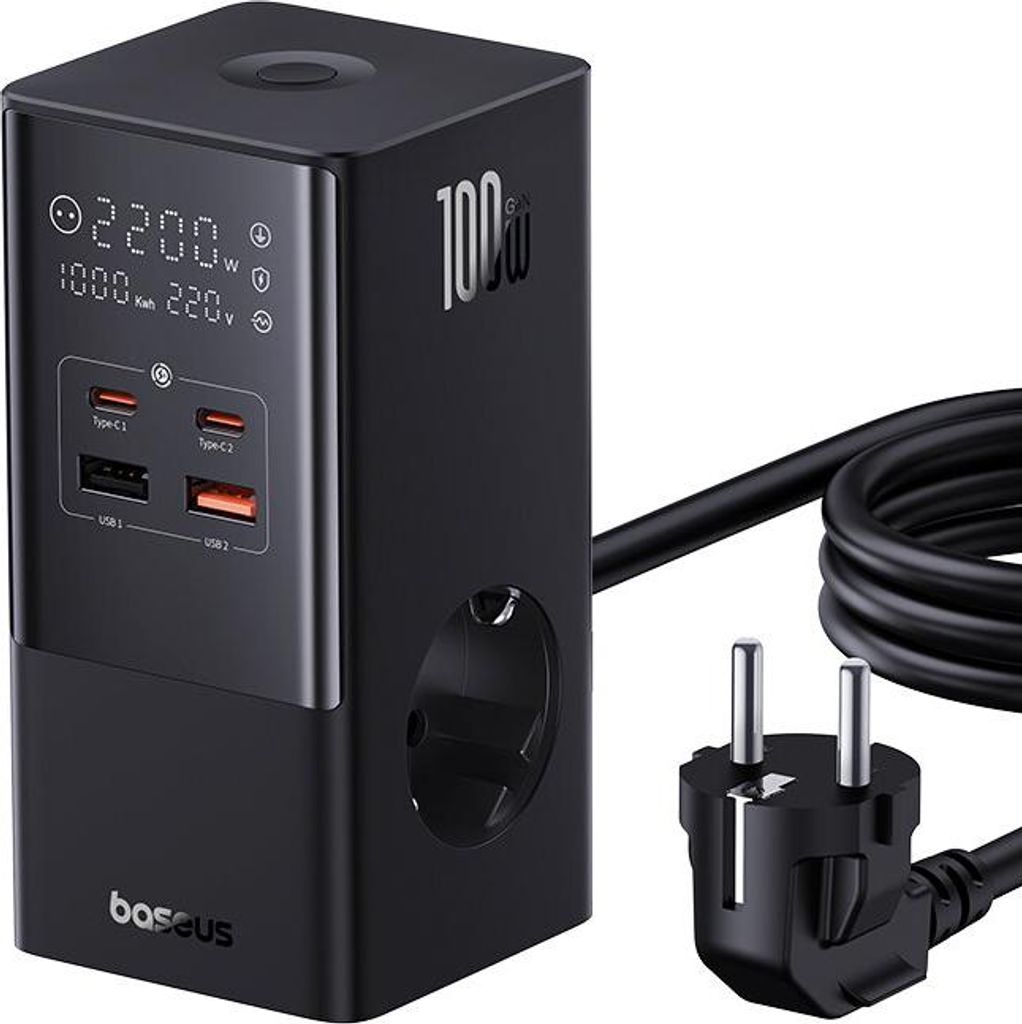 Baseus PowerCombo Netzladegerät, mit Verlängerungskabel, 100W, 2x AC, 2x USB-C, 2x USB-A, 2x USB-C, 2x USB-A, 1,5m, Schwarz