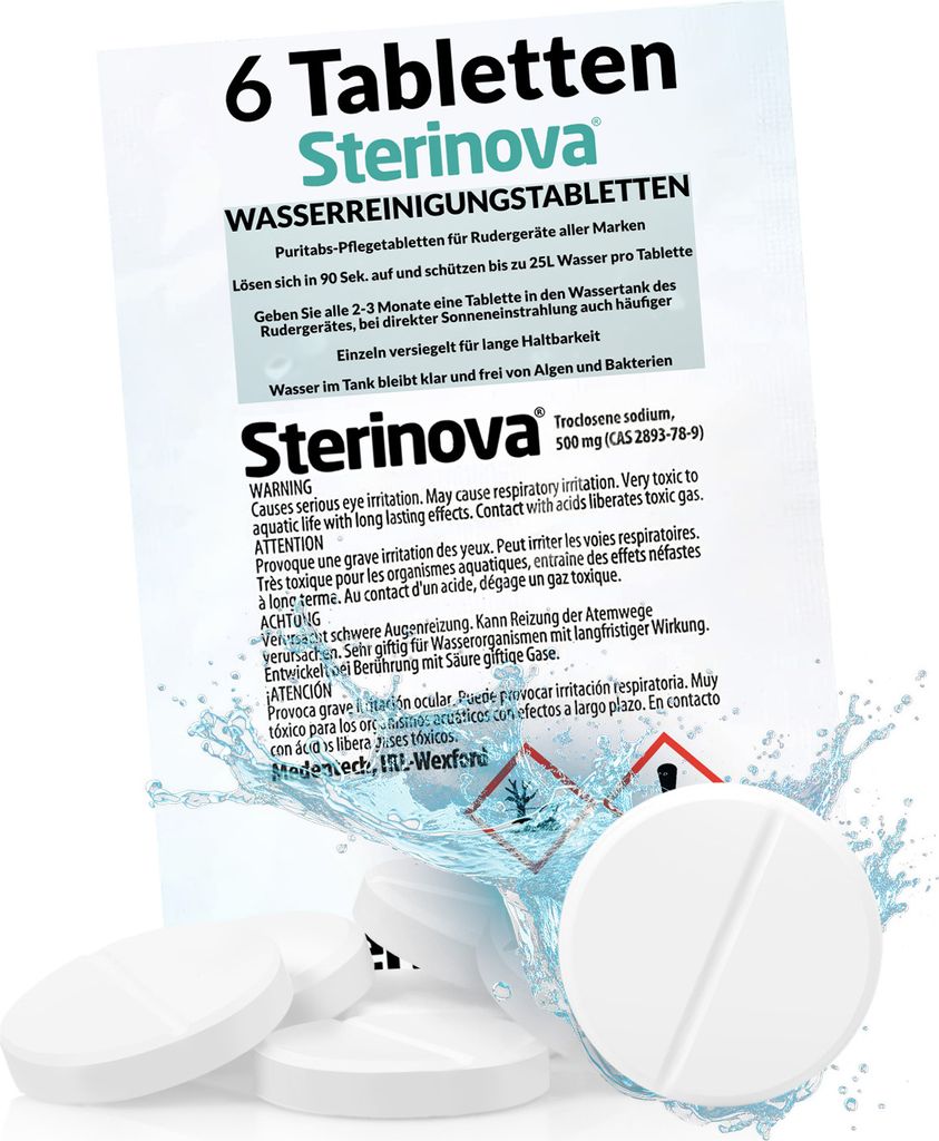 JB White Puritabs Sterinova 6x Wasser Rudergerät Tabletten gegen Algen, extra konzentriert, Chlortabletten für WaterRower Wasserrudergerät (3 x 6)