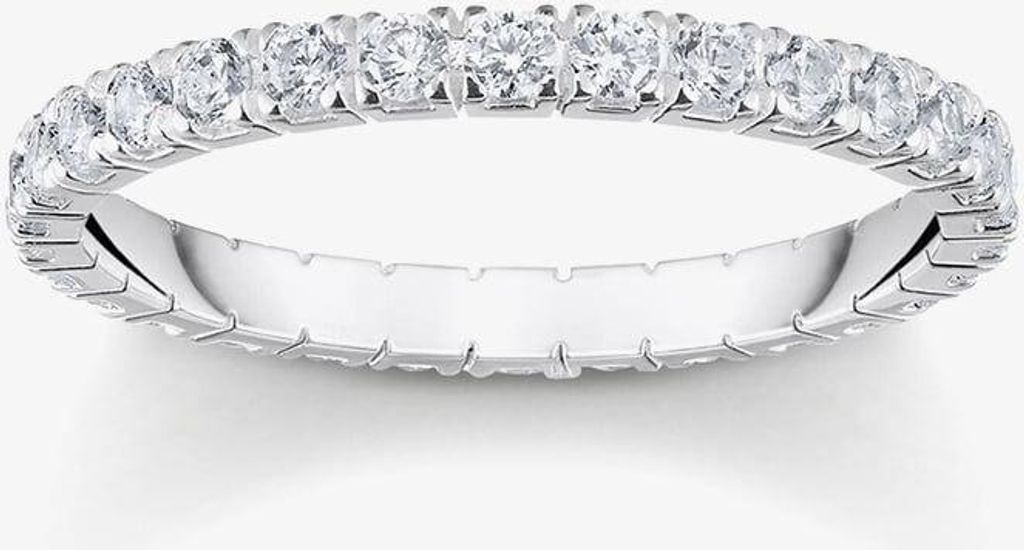 A close-up studio shot of a diamond eternity ring on a white background.