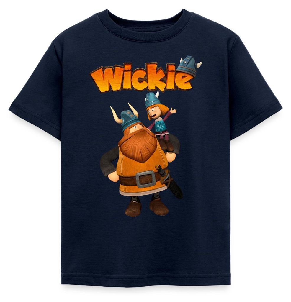 Spreadshirt Wickie Und Die Starken Männer Wickie Mit Papa Halvar Kinder T-Shirt, 122/128 (7-8 Jahre), Navy