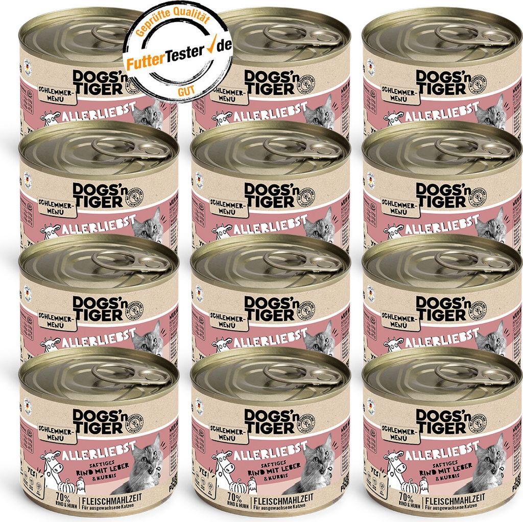 Dogs’n Tiger Adult Katzenfutter, Allerliebst, Nassfutter, Getreidefrei, Rind, Hühnerleber & Kürbis, 12x200g