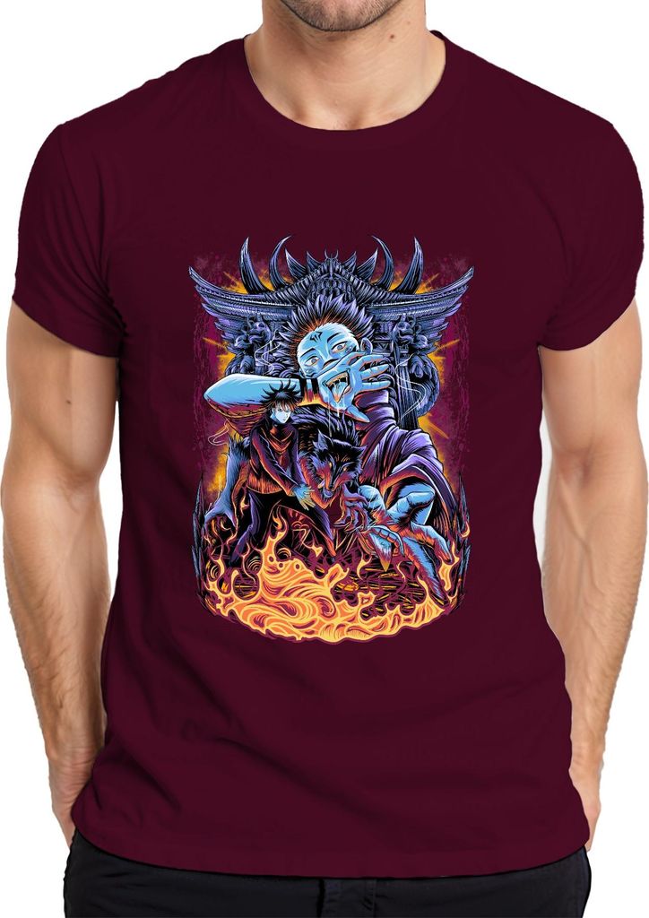 Oni Dämon blaues Gesicht Wolf Flammen japanisch Anime düster Herren T-Shirt, Burgundy, S