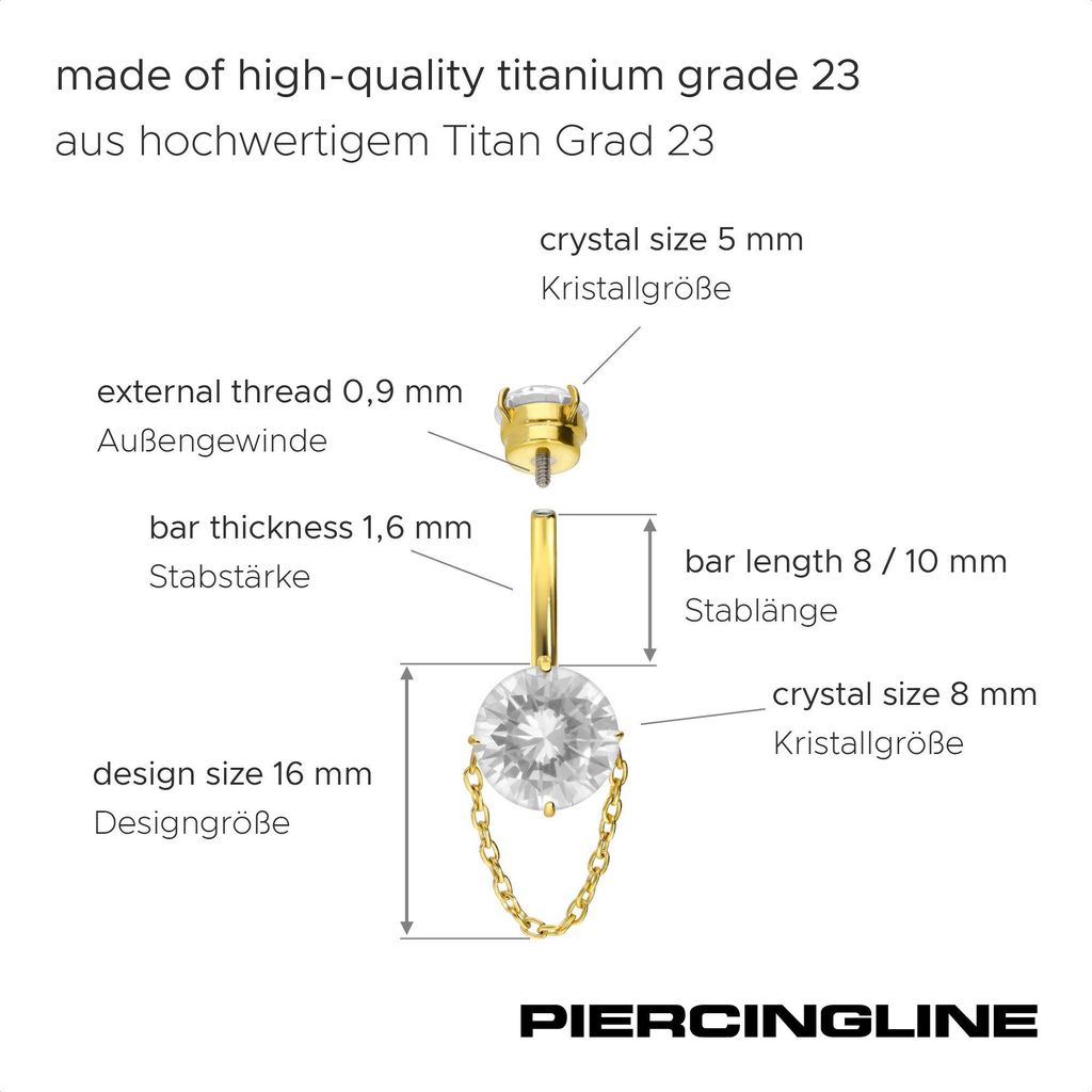 Bauchnabelpiercing Titan Bananabell mit Innengewinde EINGEFASSTE KRISTALLE + KETTE Gold Stablänge: 10mm