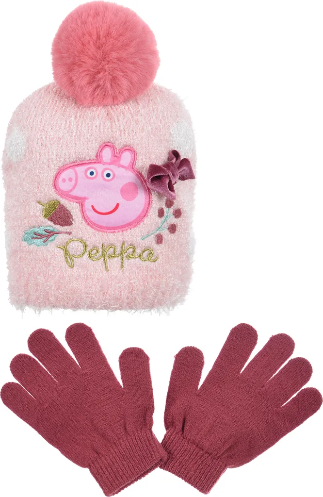 Set invernale Peppa Pig Wutz per bambine con cappello e guanti, Colore:Rosa, Taglia:52