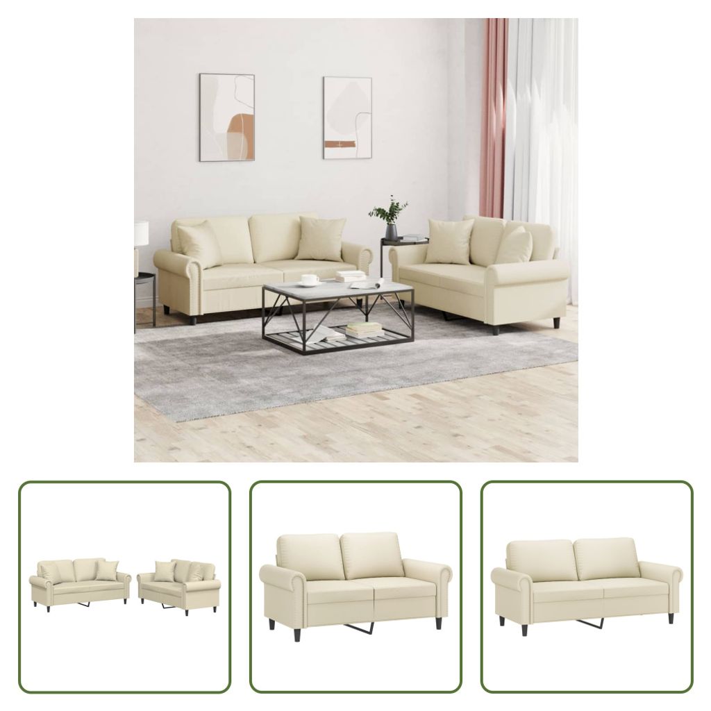 The Living Store 2-tlg. Sofagarnitur mit Kissen Creme Kunstleder